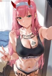 1girls ai_generated blacked_clothing himeno peace_sign qos qos_tattoo queen_of_spades queen_of_spades_symbol queen_of_spades_tattoo selfie spade_tattoo spade_vine_tattoo tattoo vine_tattoo zero_two_(darling_in_the_franxx)