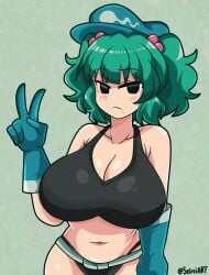 1girls annoyed artist_name barely_clothed beauty_mark belt big_breasts breasts cleavage gloves green_background green_hair hat light-skinned_female long_gloves mob_face mole mole_(marking) mole_under_mouth nitori_kawashiro nono_(notnoe) peace_sign rubber_gloves seireiart solo solo_female tank_top thick_thighs thighs thong touhou turquoise_hair v_sign watermark