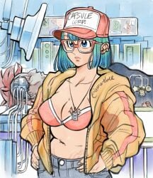 1girls android_16 artist_signature bikini_top blue_eyes bulma bulma_briefs bulma_briefs_(cell_saga) busty cleavage dragon_ball dragon_ball_z glasses jacket light-skinned_female light_skin milf pierced_ears teal_hair trucker_hatrnstretch_marks