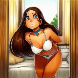 2025 ai_generated artist_name blue_eyes breasts brown_hair cleavage crazyfishbones female jewelry katara long_hair panties solo underwear