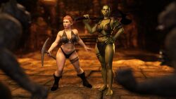 2girls 3d axe bikini black_bikini dwarf dwarf_female green_skin green_skinned_female ironclawroo loincloth orange_hair orc orc_female original pickaxe weapon