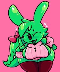 breasts bunny_ears green_body heart hearts_around_head jjoyplus miino_(slime_amiibo) one_eye_closed pink_background pink_shirt sideboob slime slime_amiibo slime_girl