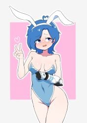 blue_eyes blue_hair bunny_costume bunny_ears bunnysuit cyborg embarrassed female female_only glitch_productions hi_res medium_breasts meta_runner north_fighter peace_sign prosthetic prosthetic_arm prosthetic_limb simple_background smg4 tari_(smg4) v_sign