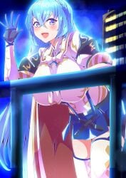 1girls :d absurdres alear_(female)_(emblem)_(fire_emblem) alear_(female)_(fire_emblem) alear_(fire_emblem) blue_eyes blue_hair blue_sky breasts building cape crossed_bangs female female_only fire_emblem fire_emblem_engage gloves hair_between_eyes highres large_breasts long_hair long_sleeves looking_at_viewer night nintendo open_mouth red_cape shirt skirt sky smile thighhighs to_(tototo_tk) very_long_hair waving white_shirt