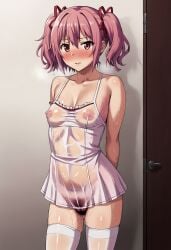 2d ai_generated bedroom blush dress hairy_pussy madoka_kaname mahou_shoujo_madoka_magica nude oppai pink_eyes pink_hair puella_magi_madoka_magica shiroppo wet_clothes wet_clothing wet_skin