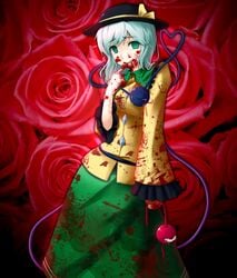 beige_skin blood blood_stain bloody_clothes clothes color eyes female front_view gayprince green_skin guro hair hat koishi_komeiji looking_at_viewer open_eyes satori_komeiji skin skirt stained_clothes standing touhou