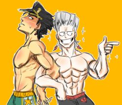 2boys jean_pierre_polnareff jojo's_bizarre_adventure jotaro_kujo male male/male male_only muscular_male pecs shirtless shirtless_male stardust_crusaders