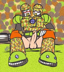 2013 2_heads 2boys 2d 2d_artwork android android_boy artist_name artist_signature blush camo_print camouflage capcom color conjoined conjoined_twins cum cumming erect_penis erection hand_on_leg looking_at_viewer male male_only mega_man mega_man(classic) mega_man_8 penis penis_out precum robot robot_boy samusmmx search_man sitting sitting_down