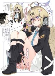 1boy ahoge bar_censor before_and_during_pregnancy black-framed_eyewear black_footwear black_gloves blonde_hair blue_archive blue_halo blue_necktie blush boots braid breasts censored choker collared_dress comiket_102 commentary_request condom cum doodle_sensei_(blue_archive) dress drinking_from_condom female full_body gloves gokkun hair_ornament hairclip halo headphones headphones_around_neck heart heart-shaped_pupils highres impregnation kotama_(blue_archive) long_hair medium_bangs medium_breasts necktie nipples open_clothes open_dress open_mouth pointless_condom pregnant purple_eyes pussy sensei_(blue_archive) single_braid sitting solo_focus symbol-shaped_pupils translation_request two-tone_gloves ukyo_rst used_condom very_long_hair white_background white_dress yellow_gloves