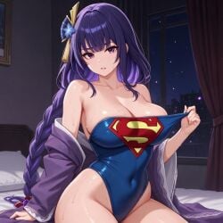 1girls ai_assisted ai_generated blue_leotard breasts crossover dc dc_comics female hair_ornament kimono leotard lewd looking_at_viewer pose posing purple_eyes purple_hair raiden_shogun sexy soaked solo solo_female solo_focus superman superman_(cosplay) superman_(series) superman_logo themed_clothes thick_thighs thighs tongue tongue_out