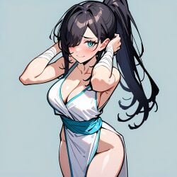 1girl 1girls ai_generated bandage bandaged_arm bandages black_hair cleavage hair_over_one_eye medium_breasts plain_background ponytail sleeveless sleeveless_dress soul_knight sword_master_(soul_knight) thighs traditional_clothes turquoise_eyes video_game_character waist_sash white_dress