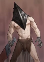 1boy cloves dead_by_daylight helmet henen male_focus male_only mask monster muscle pecs penis presenting pyramid_head see-through silent_hill silent_hill_2 solo weapon