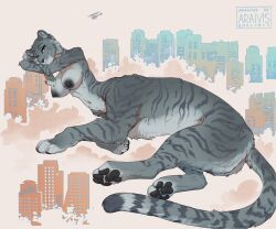 2024 4_toes 5_fingers araivis-edelveys areola breasts countershade_torso countershading digital_media_(artwork) feet felid felid_taur female fingers fur grey_body grey_eyes grey_fur grey_tail hi_res looking_at_viewer lying mammal mammal_taur markings navel nipples nude nude_female nude_taur on_side pantherine pantherine_taur pawpads paws simple_background smile solo striped_body striped_fur striped_markings striped_tail stripes tail tail_markings taur tiger tiger_taur toes