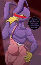 1boy blush bulge gloves jax_(the_amazing_digital_circus) looking_at_viewer male male_only overalls purple_body purple_fur rabbit_ears speech_bubble text text_bubble the_amazing_digital_circus thick_thighs thighs tinydemon wide_hips