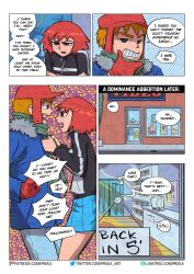 1boy 1girls annoyed annoyed_expression brown_hair coat comic_page dialogue english_dialogue english_text female freckles grin hat kim_pine male miniskirt mittens orange_hair preka red_hair scarf scott_pilgrim scott_w_pilgrim short_hair speech_bubble winter_clothes