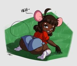 1girls ass female gwen_martin joaoppereiraus looking_at_viewer looking_back mouse shorts smiling text thick_ass