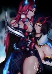 ahri black_hair blood_moon_series breasts clothed clothing female female_on_top hair_ornament kayn league_of_legends looking_at_partner looking_away male male/female muscular muscular_male nipple pokelzinha sideboob snow_moon_ahri snow_moon_kayn thick_thighs