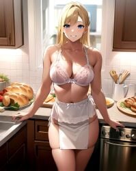 1girls ai_generated ai_mirror belly_button blonde_hair blue_eyes blush bread drawer kitchen kitchen_counter kitchen_utensils long_hair looking_at_viewer meat medium_breasts oven plates sink smile vegetable white_apron white_bra white_skin window