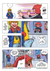 1boy1girl ? black_eyes blush brown_hair bulge coat comic_page dialogue embarrassed english_text erection_under_clothes female freckles fully_clothed kim_pine male mittens orange_hair preka red_hair scott_pilgrim scott_w_pilgrim short_hair speech_bubble tenting undressing unzipping