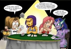 4girls blue_hair card_game cleavage costume dabbler_(grrl_power) english_text female female_only front_view glasses gold_skin grrl_power halo_(grrl_power) harem_(grrl_power) harem_5_(grrl_power) horns maxima_(grrl_power) nude playing_card poker purple_hair purple_skin sitting strip_poker succubus sydney_scoville_jr. xena_(cosplay) xena_warrior_princess zeentury