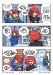 1boy 1girls black_eyes coat comic_page dialogue english_text female freckles hat kim_pine male orange_hair preka red_hair scarf scott_pilgrim scott_w_pilgrim short_hair speech_bubble winter_clothes