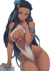 1girls abs alternate_breast_size bikini black_hair blue_eyes breasts dark-skinned_female dark_skin female game_freak gym_leader hi_res large_breasts lesottart long_hair nessa_(pokemon) nintendo pokemon pokemon_ss simple_background toned