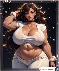 abs ai_generated akeemi brown_hair gold hoop_earrings huge_ass huge_breasts large_ass large_breasts long_hair pants thick_thighs white_shirt wide_hips