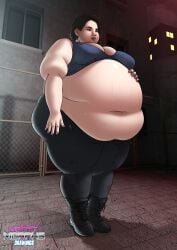 1girls bbw female female_only horizontal_navel huge_belly huge_hips human jill_valentine overflowing_breasts resident_evil solo solo_female standing thick_thighs thunder_thighs weight_gain wide_hips xmasterdavid