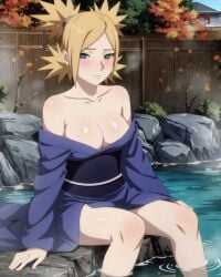 1girls ai_generated bare_breasts blonde_hair blush boruto:_naruto_next_generations breasts_out clothing embarrassed exposed_breasts female female_only fossillight heat hot_spring kimono legs_together looking_at_viewer mature mature_female milf nai_diffusion naruto naruto_(series) no_bra onsen presenting presenting_breasts short_kimono sitting solo solo_focus stable_diffusion steam teal_eyes temari thighs twintails yukata