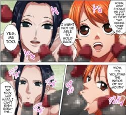 2girls 6boys big_breasts big_penis black_hair blowjob dark-skinned_male excited female female_focus horny male nami nami_(one_piece) nico_robin one_piece orange_hair post-timeskip qdoujin red_hair slut sucking sucking_penis throat_fuck