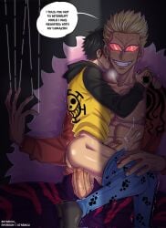 2boys akuma_no_mi anal anal_sex anger_vein angry arms_around_neck ass big_penis black_hair blonde_hair blue_pants breath clothed_sex coat cum cum_on_body denim donquixote_doflamingo drooling earrings ejaculating_while_penetrated ejaculation english_text erection evil_smile feather_coat gay hand_tattoo height_difference hood hoodie ito_ito_no_mi jeans jewelry large_penis long_sleeves looking_at_viewer male male/male male_only male_penetrated male_penetrating multiple_boys muscular nipples one_piece pants pectorals penis pink_coat pre-timeskip sex shoes short_hair size_difference smile speech_bubble starmiu sunglasses tattoo teeth thread trafalgar_law trembling uncensored yaoi