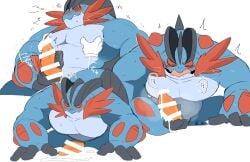 anthro bara barazoku blush boner cum erection genital_slit hyaku_(artist) hyper_muscles male male_only masturbation mega_swampert muscles muscular nintendo nude penis pokemon solo solo_male swampert