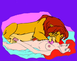 anthro ariel bestiality chest crossover disney disney_princess edit feline interspecies karstens licking licking_breast lion male mammal mermaid mermaid_tail missionary_position on_back penis red_hair royalty simba the_lion_king the_little_mermaid zoophilia