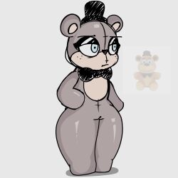 1girls annoyed bear bear_ears bear_girl blue_eyes bowtie brown_body eyeliner five_nights_at_freddy's freddy_(fnaf) freddy_plush hat huge_legs looking_away no_humans plush plushie rule_63 sketch tagme thick_legs thick_thighs visible_pussy white_background