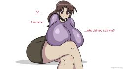 1girls ass azumanga_daiou big_ass big_breasts big_butt breasts breasts_bigger_than_head clothed dropedartist huge_breasts long_legs looking_at_viewer sitting smile tagme talking_to_viewer text white_background yukari_tanizaki