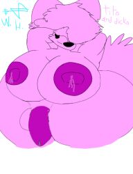 anthro artist_initials ass big_breasts big_butt big_penis bodily_fluids breasts canid canine canis closed_eyes female fluffy fluffy_tail futanari genitals half-length_portrait hand_behind_head herm huge_breasts huge_butt huge_thighs intersex lactating mammal nipples nude obstructed_eye overweight overweight_female overweight_herm overweight_intersex penis pink_body portrait purple_breastmilk purple_nipples purple_penis signature simple_background smile solo tail thick_thighs w0lfh4art white_background wolf