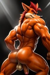 1boy ai_generated anthro ass balls bandicoot black_background crash_(series) crash_bandicoot foreskin frosting.ai fur furry furry_only gay male male_only marsupial muscular muscular_ass muscular_male oiled_skin penis phone_wallpaper simple_background solo sweatdrop tagme video_games wallpaper