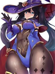 1girls black_hair blue_eyes bodystocking breasts cleavage clothed covered_navel female from_below genshin_impact hair_ornament hat hinata_sora leotard medium_breasts mona_(genshin_impact) solo solo_female thick_thighs thighs twintails