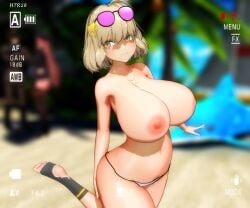 1boy 2girls 3d ahoge anis_(nikke) anis_(sparkling_summer)_(nikke) artist_name bare_shoulders beach big_breasts blonde_hair blush bob_cut breasts breasts_out camera_view commander_(nikke) depth_of_field female female_focus floatie goddess_of_victory:_nikke htr18 leg_up light-skinned_female micro_bikini navel necklace official_alternate_costume palm_tree rapi_(nikke) recording smile socks sunglasses sunglasses_on_head swimsuit tree yellow_eyes