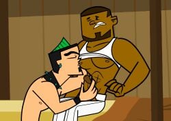 2boys big_penis black_hair brown_hair clenched_teeth closed_eyes cock dark-skinned_male dick dj_(tdi) dotted_eyes duncan_(tdi) gay green_hair indoors interracial licking_nipples male male_only man_boobs one_eye_closed penis_out soul_patch tdda19 total_drama_island yaoi