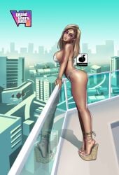 2023 artist_logo background big_ass big_breasts big_butt bikini blonde_hair city female female_only glasses grand_theft_auto grand_theft_auto_vi high_heels hoop_earrings large_ass large_breasts linkartoon mole mole_under_eye pink_sunglasses pool_party_girl_(gta_vi) rooftop sky solo terrace twitter_link urban very_high_heels video_game video_game_character video_games wedge_heels