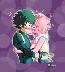 1boy 1girls big_breasts blush green_eyes green_hair green_skin hands_on_back hearts_around_head hero hero_outfit_(mha) heroine horn izuku_midoriya kiss kissing messy_hair mina_ashido my_hero_academia pink_body pink_hair pink_heart pink_skin romantic romantic_couple the_existentialist theexistentialist wholesome