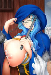 areolae arm_up blue_eyes blue_hair blush bol_(liliymimi) breasts breasts_out cum female huge_breasts long_hair male morning_star nipples paizuri penis straight