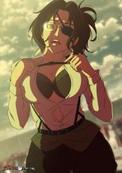 attack_on_titan big_breasts bra breasts cleavage clothed drakonaskar eyepatch glasses hanji_zoe nonude open_shirt patreon shingeki_no_kyojin solo