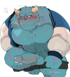 anthro balls bara barazoku blue_fur blush boner erection furry horns hyaku_(artist) male male_only monster monsters_inc monsters_university muscles muscular penis solo solo_male sulley undressing