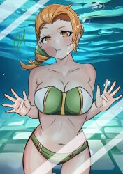 1girls against_glass bikini breasts cath_(fire_emblem) cleavage female female_only fire_emblem fire_emblem:_the_binding_blade green_bikini green_swimsuit large_breasts looking_at_viewer nintendo orange_eyes orange_hair pablo150898 swimsuit underwater