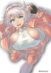 aqua_eyes artist_signature bending_forward breasts chikoinochi collar elphelt_valentine facing_viewer fully_clothed guilty_gear guilty_gear_strive headband high_boots highres huge_breasts light_skin pink_jacket short_hair white_hair