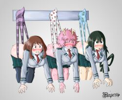 3girls brown_hair crying embarrassed frog_girl green_hair hanging_wedgie heart_panties humiliation mina_ashido multiple_girls my_hero_academia ochako_uraraka panties pink_hair pink_skin questionable_consent school_uniform the_existentialist tsuyu_asui wedgie