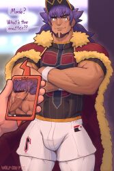 bara big_arms big_penis blowjob boner bulge clothed clothing cock erection fellatio flaccid gay huge_cock leon_(pokemon) male_only muscles muscular muscular_arms muscular_male nintendo penis phone phone_camera phone_screen photo pokemon pokemon_ss purple_hair thick_thighs wolf_con_f yaoi