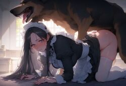 1animal 1girls 2d 2d_(artwork) ai_generated bed bedroom big_breasts black_hair blue_eyes breasts canine doggy_style female fucked_by_dog fucked_silly grabbing_sheets hairband long_hair maid nanikasan17761 sex stockings thick_thighs thighs zoophilia